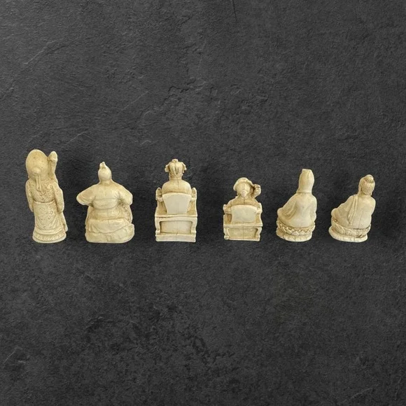 Vintage Chinese Resin Figurines Set of 6 Faux Ivory Decor Mid Century Intricate‎